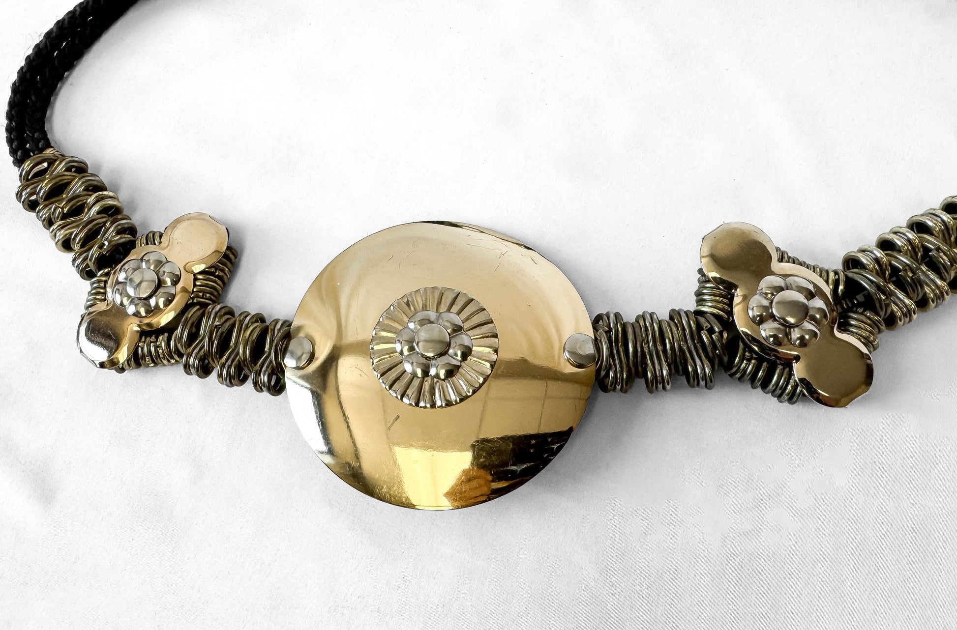 Vintage Metal Gold Silver Chainmail Large Round Mirrored Boho Brutalist Style Belt