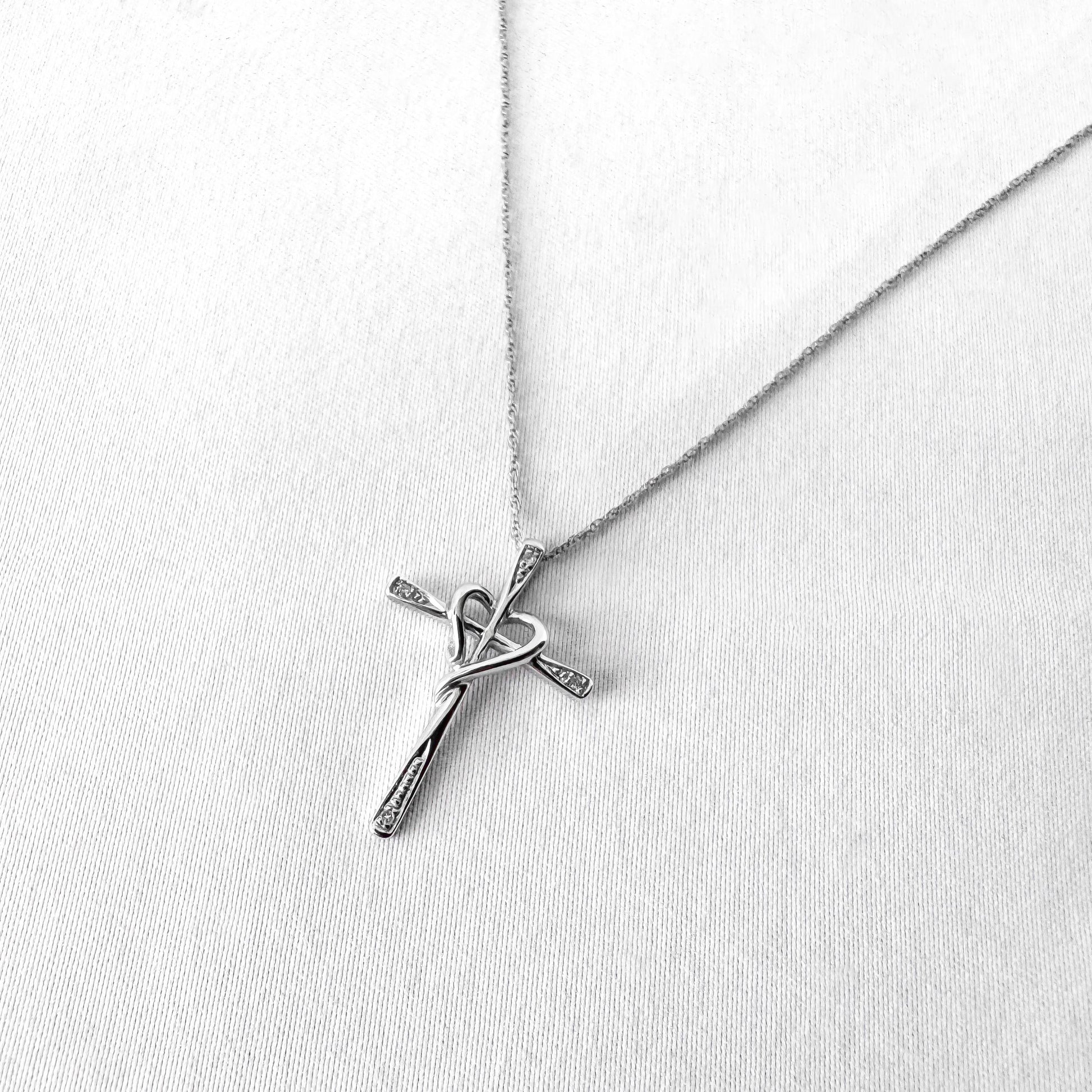 10K White Gold Diamond Accent Cross Asymmetrical Heart 18.5 Inch Pendant Necklace