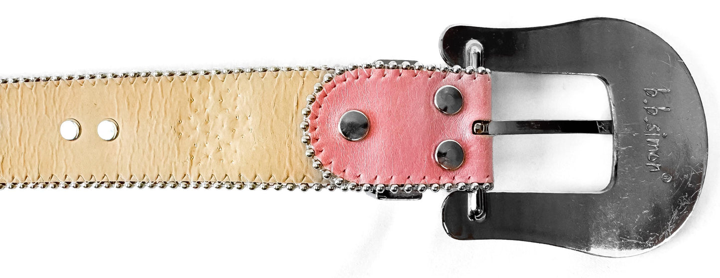 Vintage Style B.B. Simon Baby Pink Leather Rhinestone Swarovski Crystal Chunky Belt, 30"-36" Waist, Unique Statement Western Festival Belt