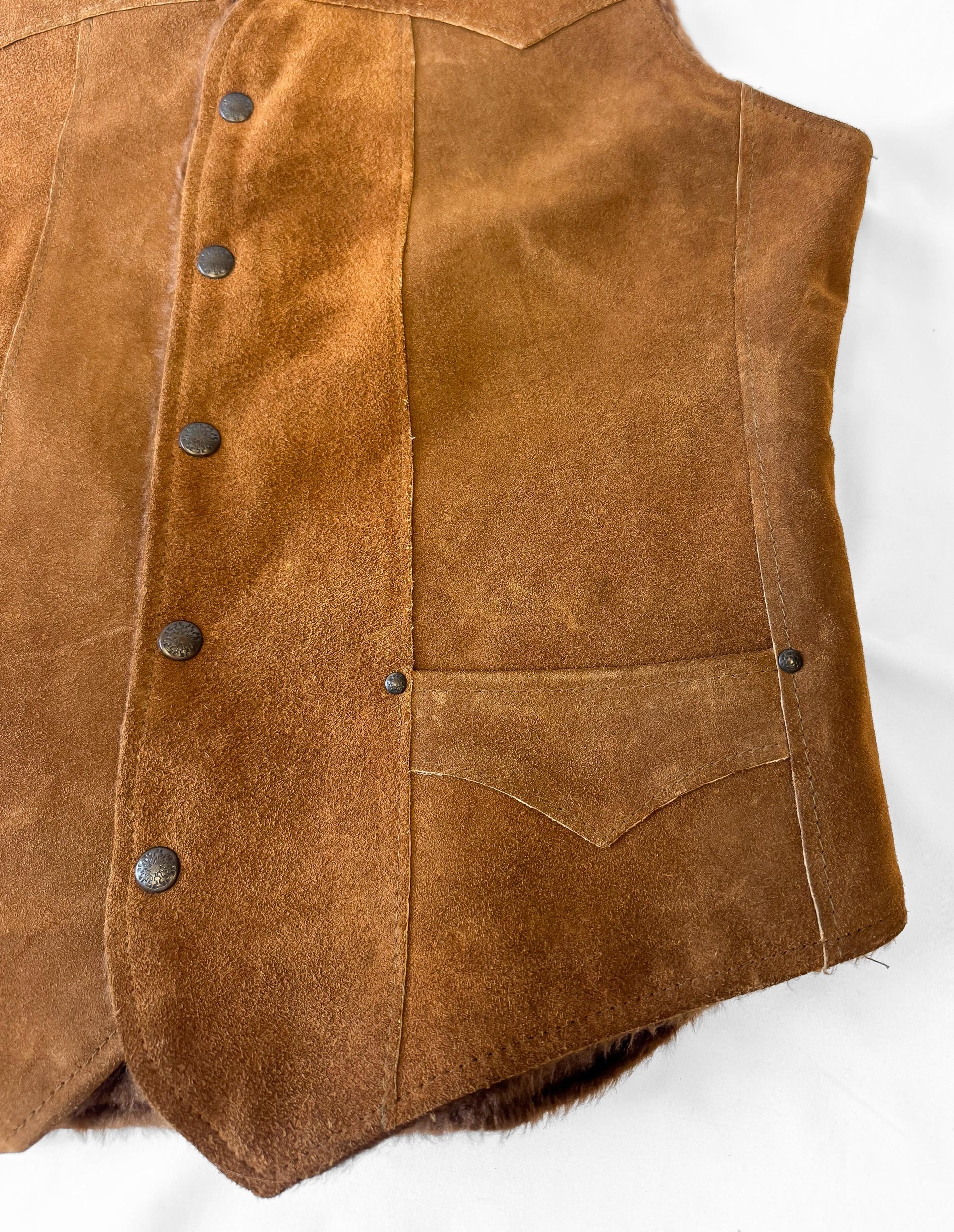 60s Pioneer Wear Brown Suede Leather Fur Lined Vest, Approx. Men's Sz. L, Vintage Western Vest Top