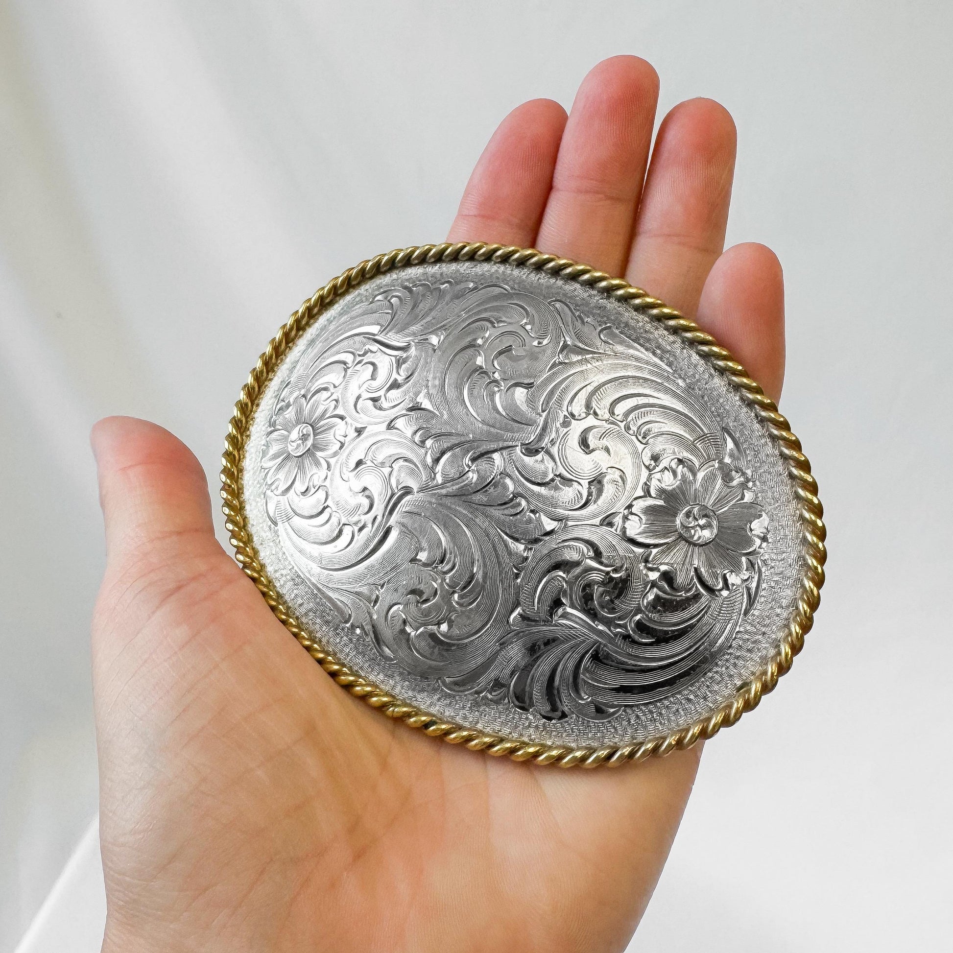 Vintage Montana Silversmiths Gold Silver Toned Floral Etched Oval Belt Buckle, Western Festival Rodeo Style Accessories
