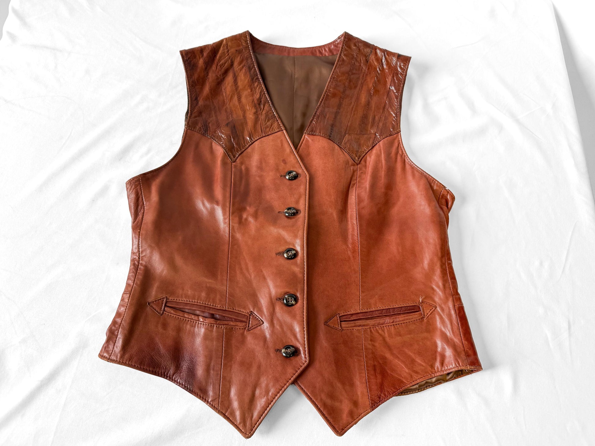 Vintage 70s Kenny Rogers Cognac Brown Lambskin Unisex Leather Vest, Approx. Men's Sz. S/M