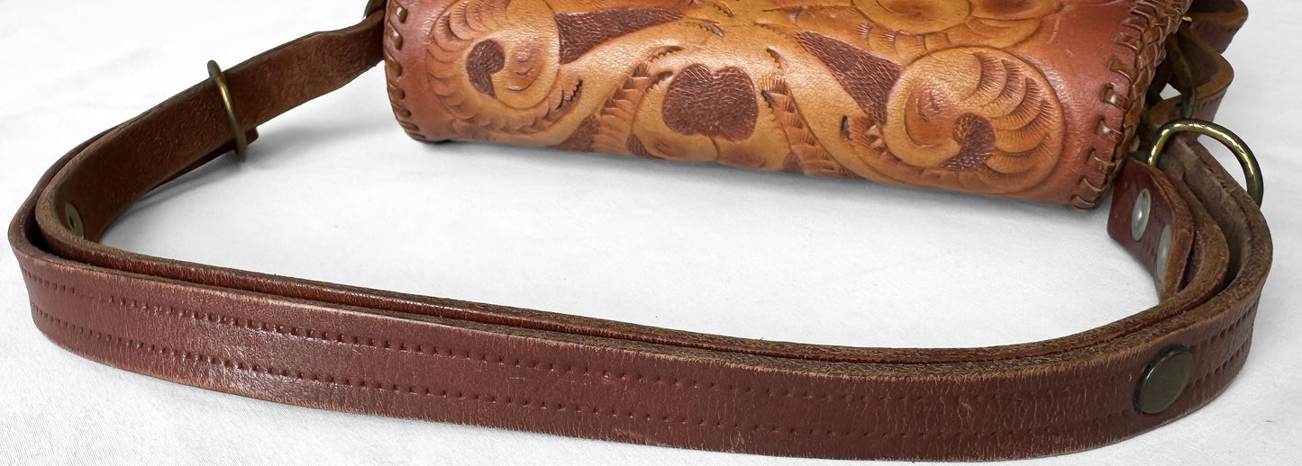 Vintage Handcrafted Cognac Brown Scalloped Floral Tooled Leather Top Handle Mini Bag, Unique Western Boho Handbag