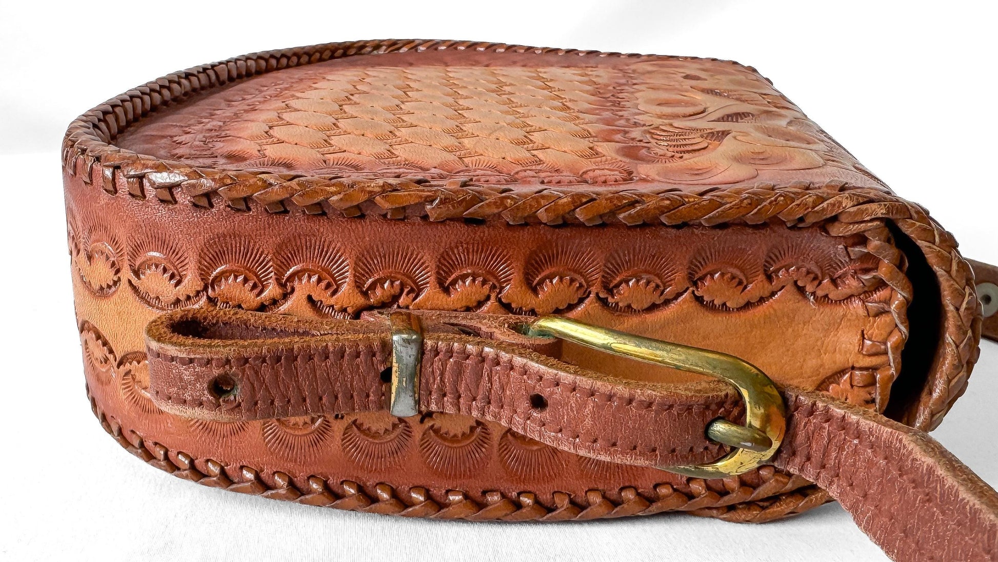 Vintage Handcrafted Cognac Brown Scalloped Floral Tooled Leather Top Handle Mini Bag, Unique Western Boho Handbag