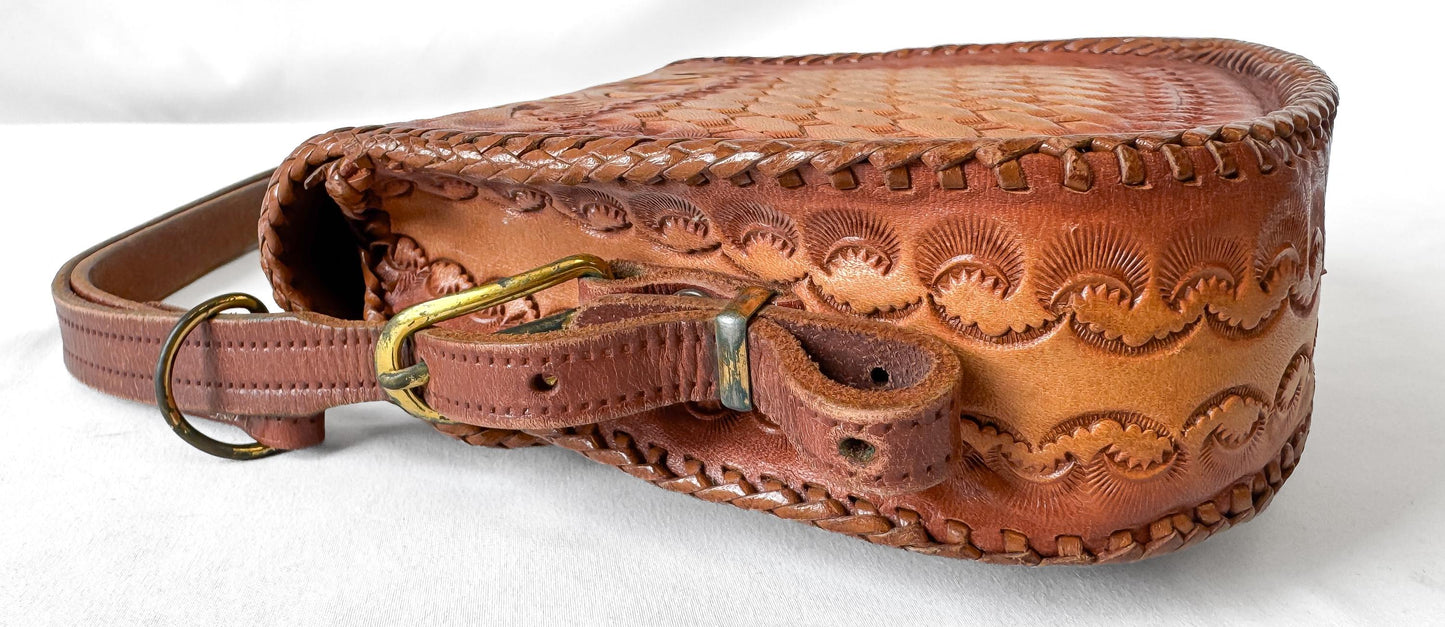 Vintage Handcrafted Cognac Brown Scalloped Floral Tooled Leather Top Handle Mini Bag, Unique Western Boho Handbag