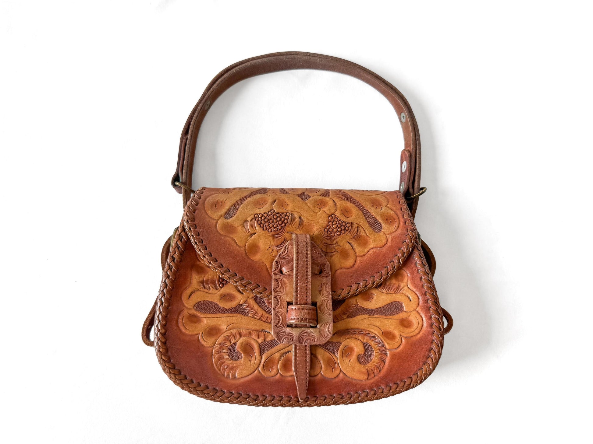 Vintage Handcrafted Cognac Brown Scalloped Floral Tooled Leather Top Handle Mini Bag, Unique Western Boho Handbag