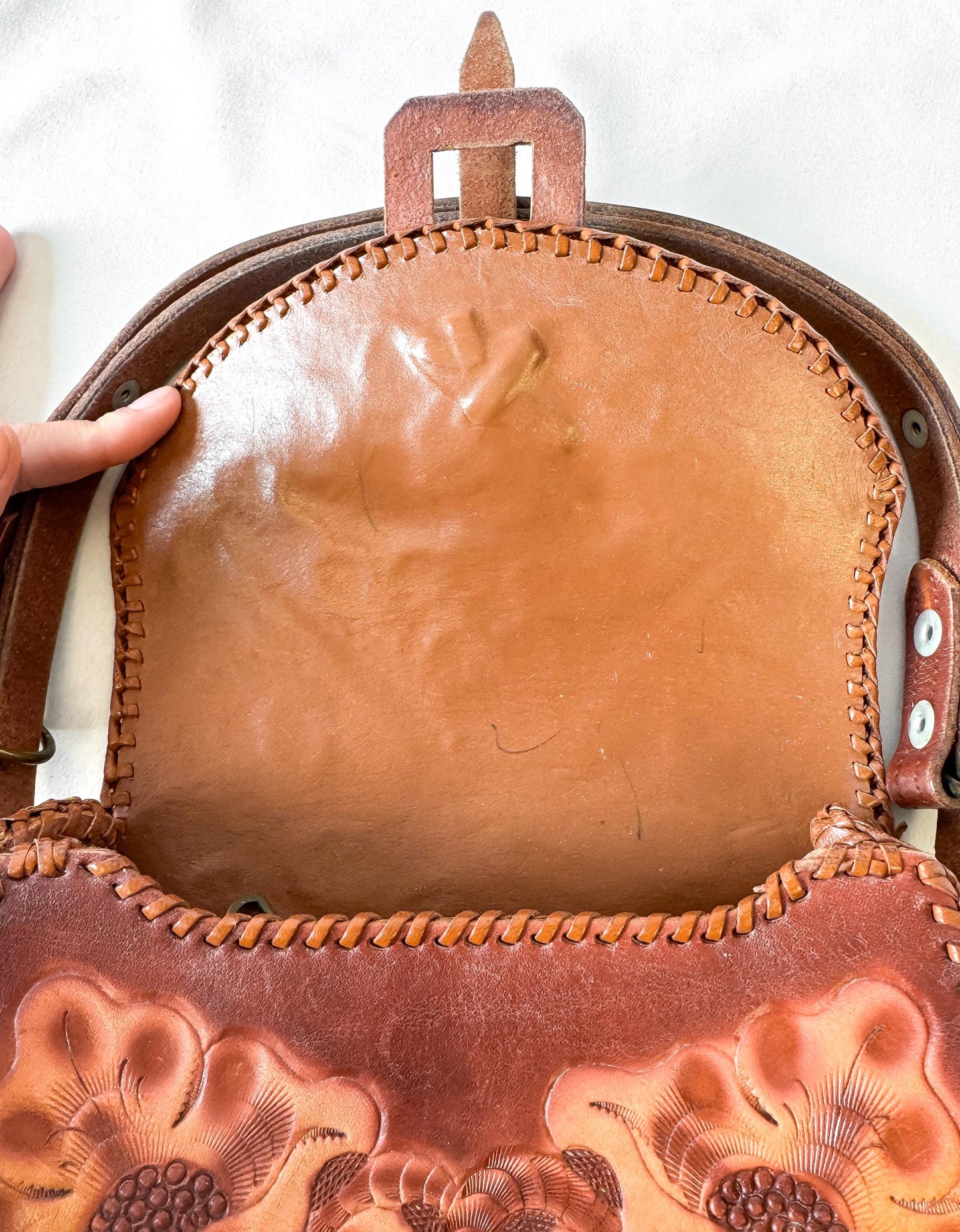 Vintage Handcrafted Cognac Brown Scalloped Floral Tooled Leather Top Handle Mini Bag, Unique Western Boho Handbag