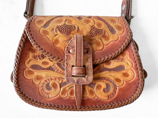 Vintage Handcrafted Cognac Brown Scalloped Floral Tooled Leather Top Handle Mini Bag, Unique Western Boho Handbag