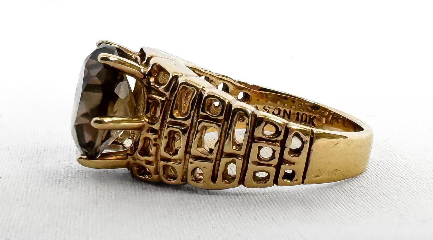 Vintage 10K Dason Yellow Gold Smokey Topaz Lattice Edge Ring, Sz. 5.25/5.5, Vintage Statement Brutalist Art Deco Cocktail Ring