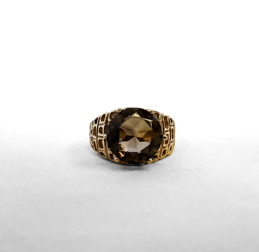 Vintage 10K Dason Yellow Gold Smokey Topaz Lattice Edge Ring, Sz. 5.25/5.5, Vintage Statement Brutalist Art Deco Cocktail Ring