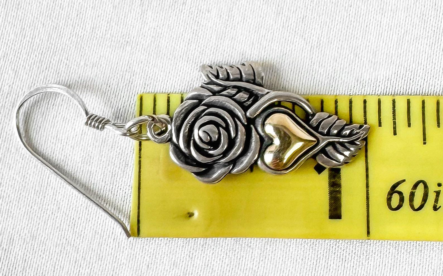 Vintage 14K 925 Sterling Silver Floral Rose Heart Dangle Earrings