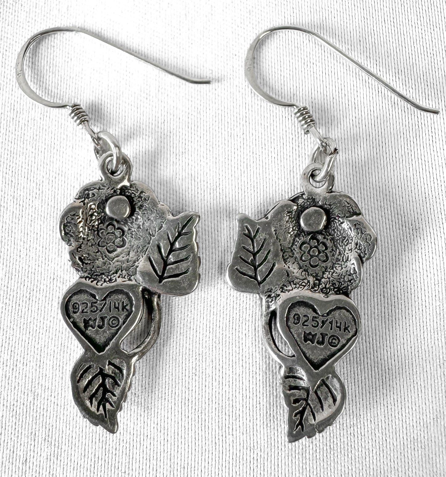 Vintage 14K 925 Sterling Silver Floral Rose Heart Dangle Earrings