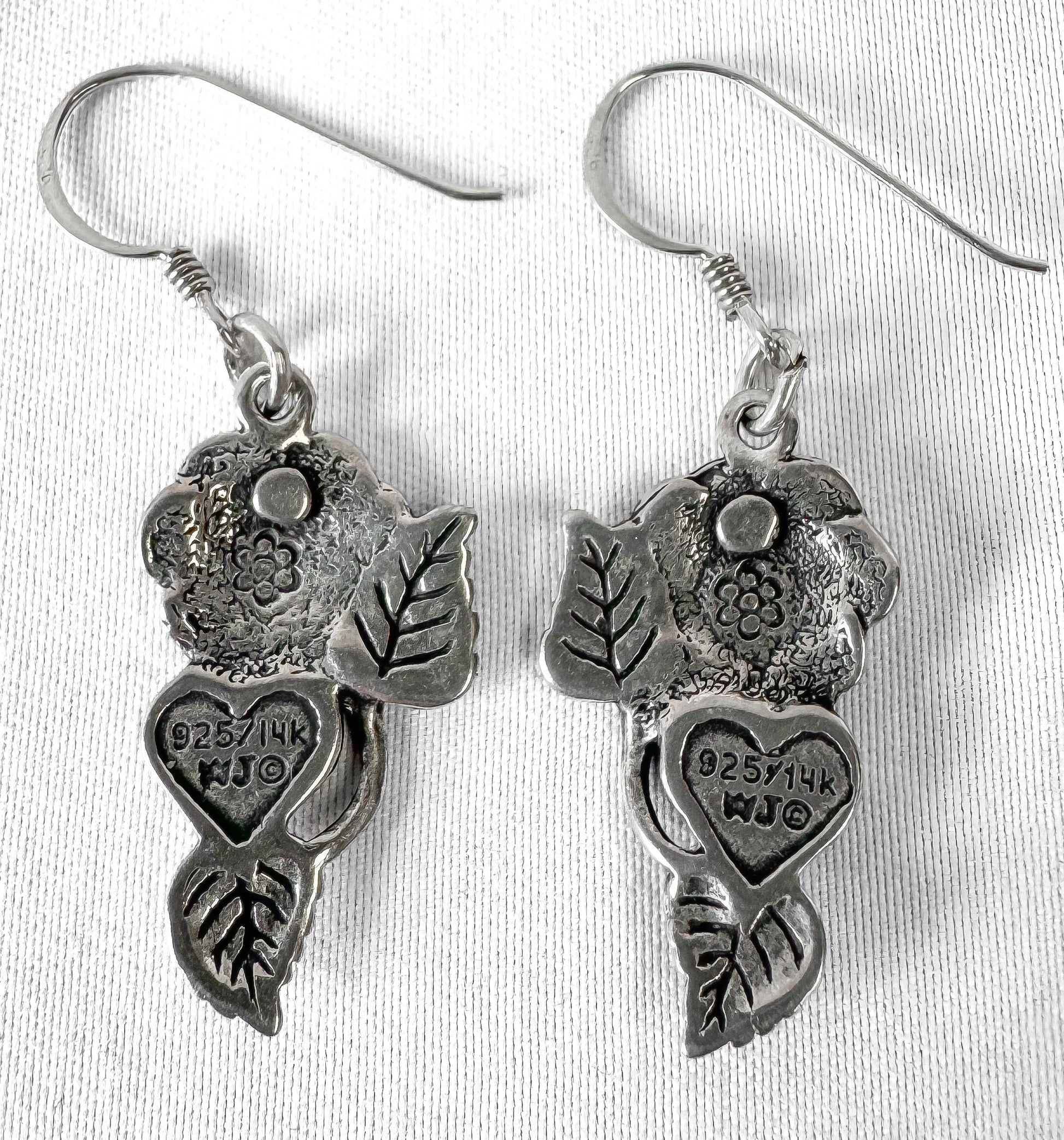 Vintage 14K 925 Sterling Silver Floral Rose Heart Dangle Earrings
