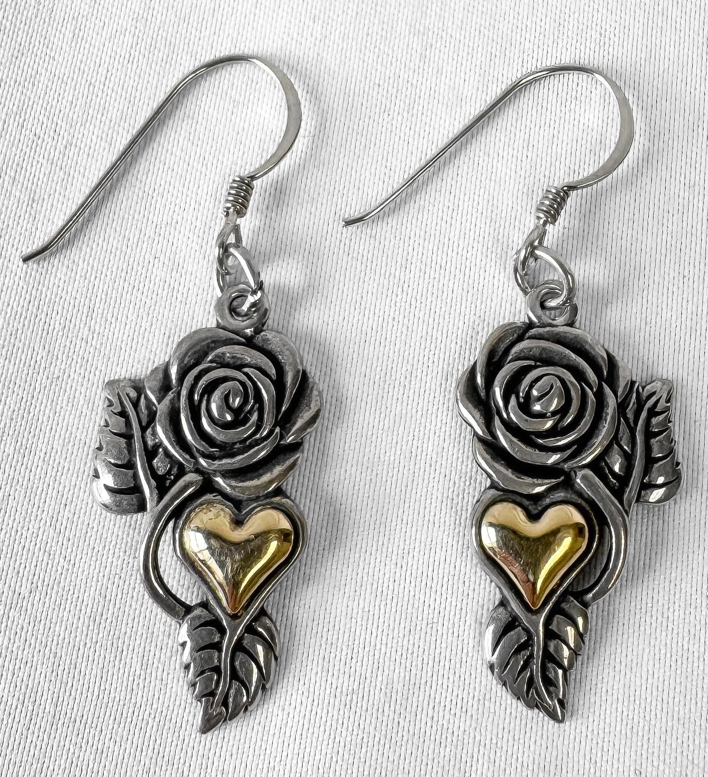 Vintage 14K 925 Sterling Silver Floral Rose Heart Dangle Earrings