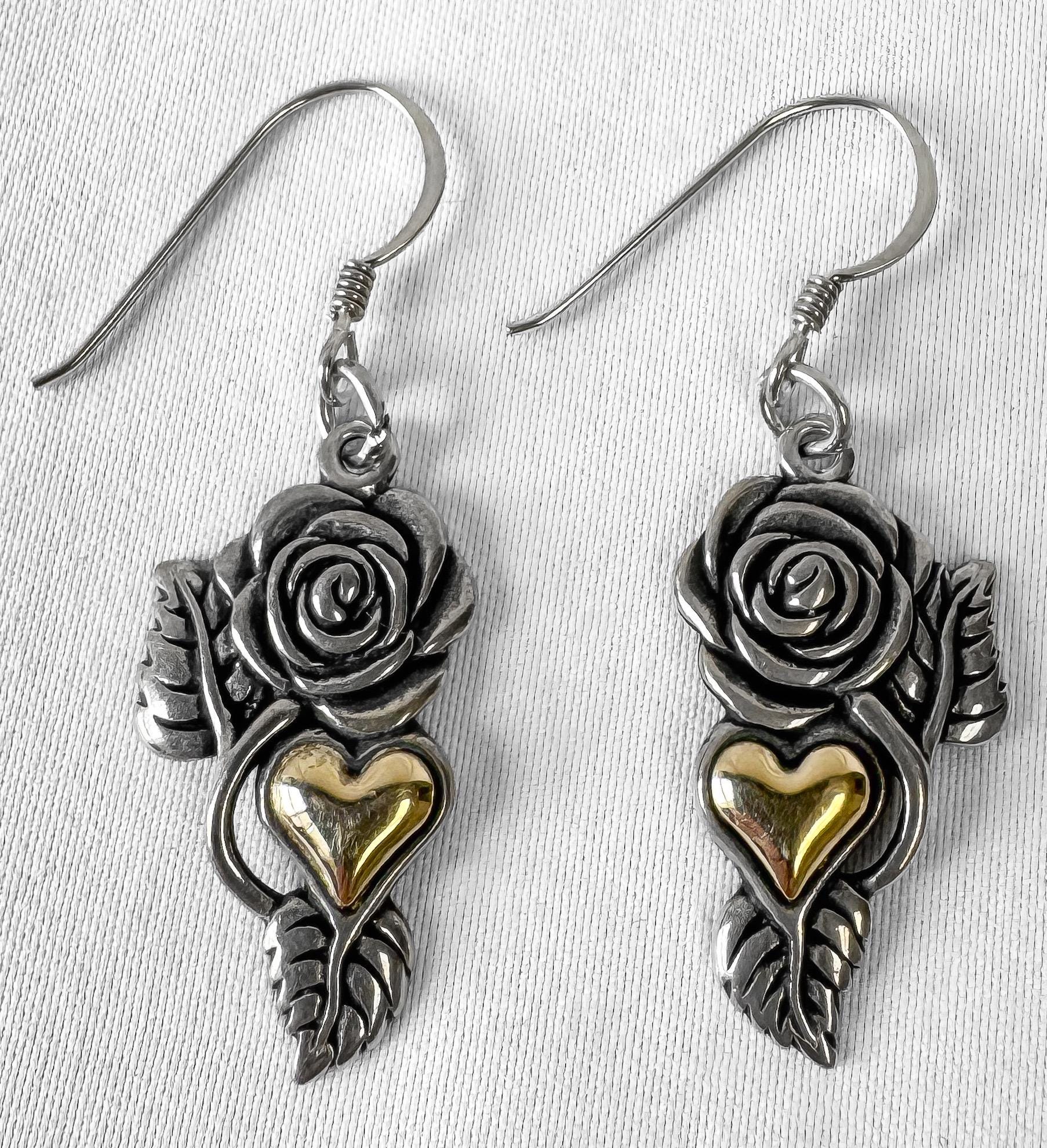 Vintage 14K 925 Sterling Silver Floral Rose Heart Dangle Earrings