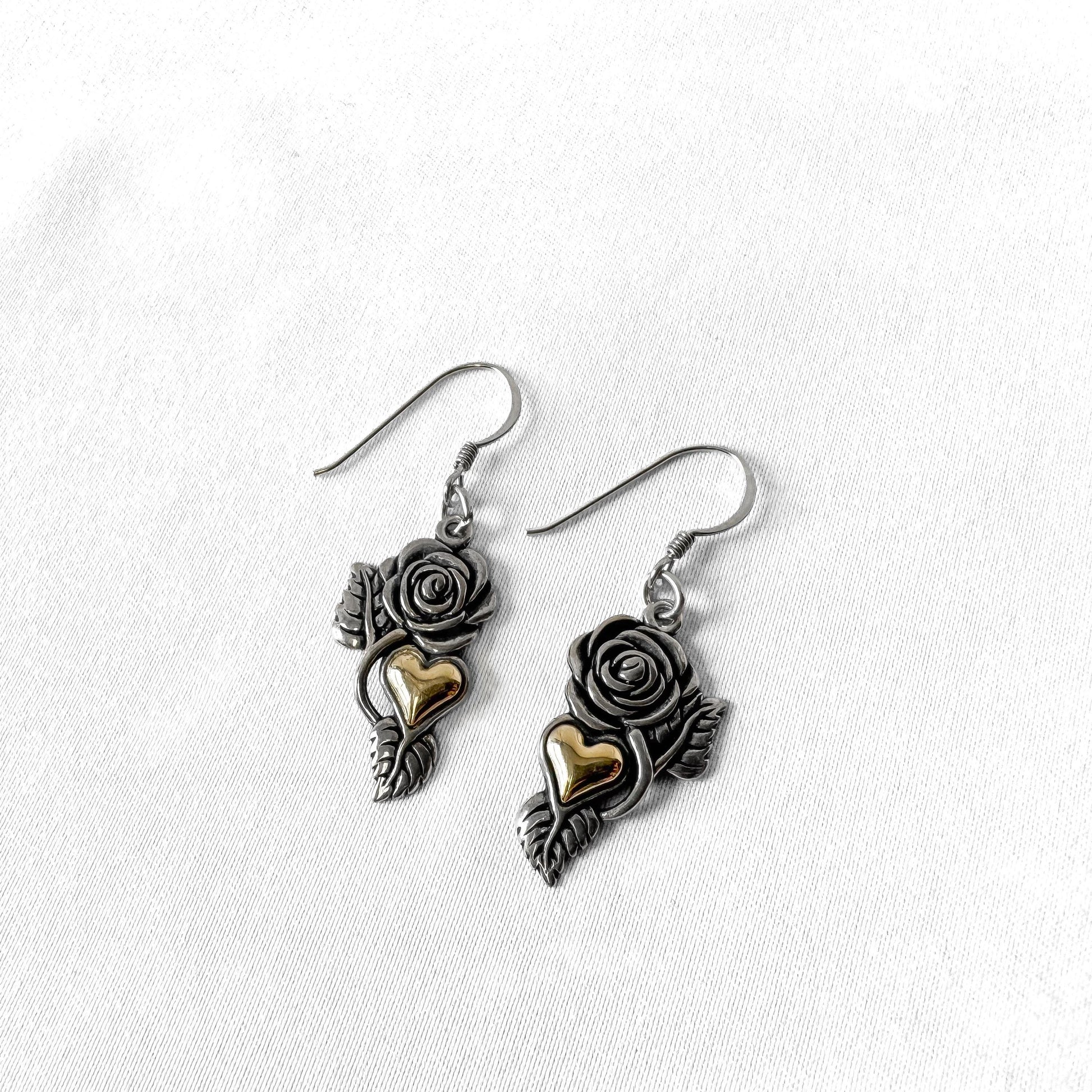 Vintage 14K 925 Sterling Silver Floral Rose Heart Dangle Earrings