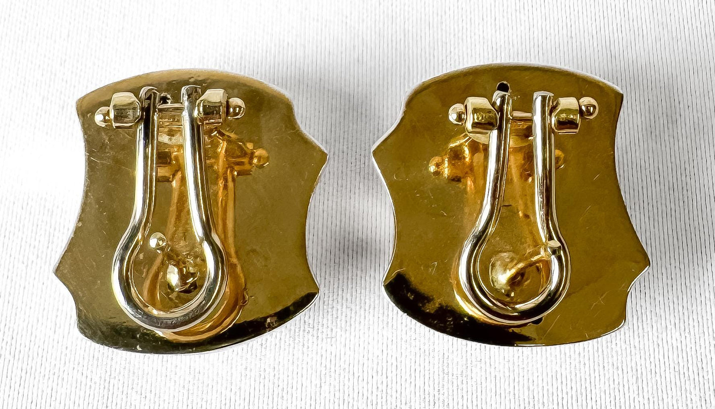 Vintage 585 14K Italy Yellow Gold Abstract Square Layered Omega Back Stud Earrings, Vintage Retro Minimalist Sculptural Earrings