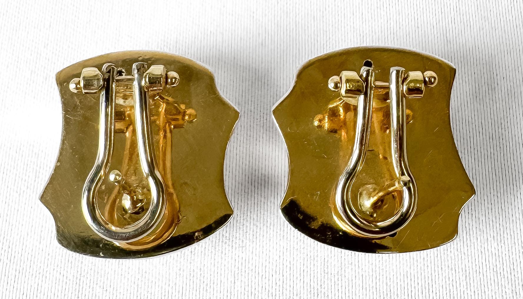 Vintage 585 14K Italy Yellow Gold Abstract Square Layered Omega Back Stud Earrings, Vintage Retro Minimalist Sculptural Earrings