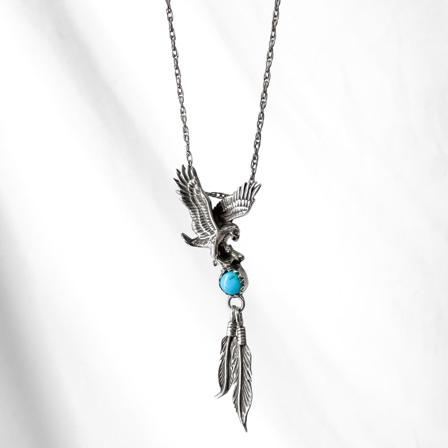 Vintage 925 Sterling Silver Turquoise Soaring Eagle Dangle Feather Pendant Necklace, 19 Inches, Navajo Boho Western Southwest Necklace