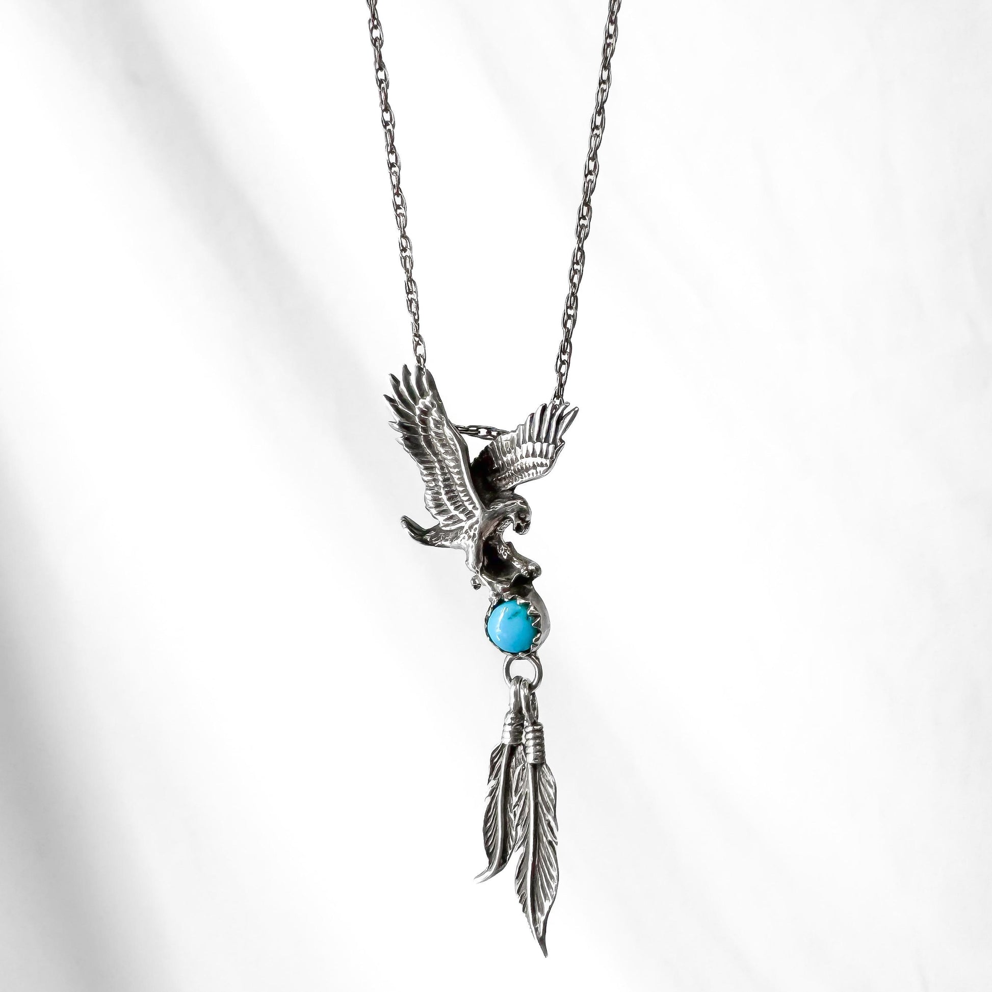 Vintage 925 Sterling Silver Turquoise Soaring Eagle Dangle Feather Pendant Necklace, 19 Inches, Navajo Boho Western Southwest Necklace