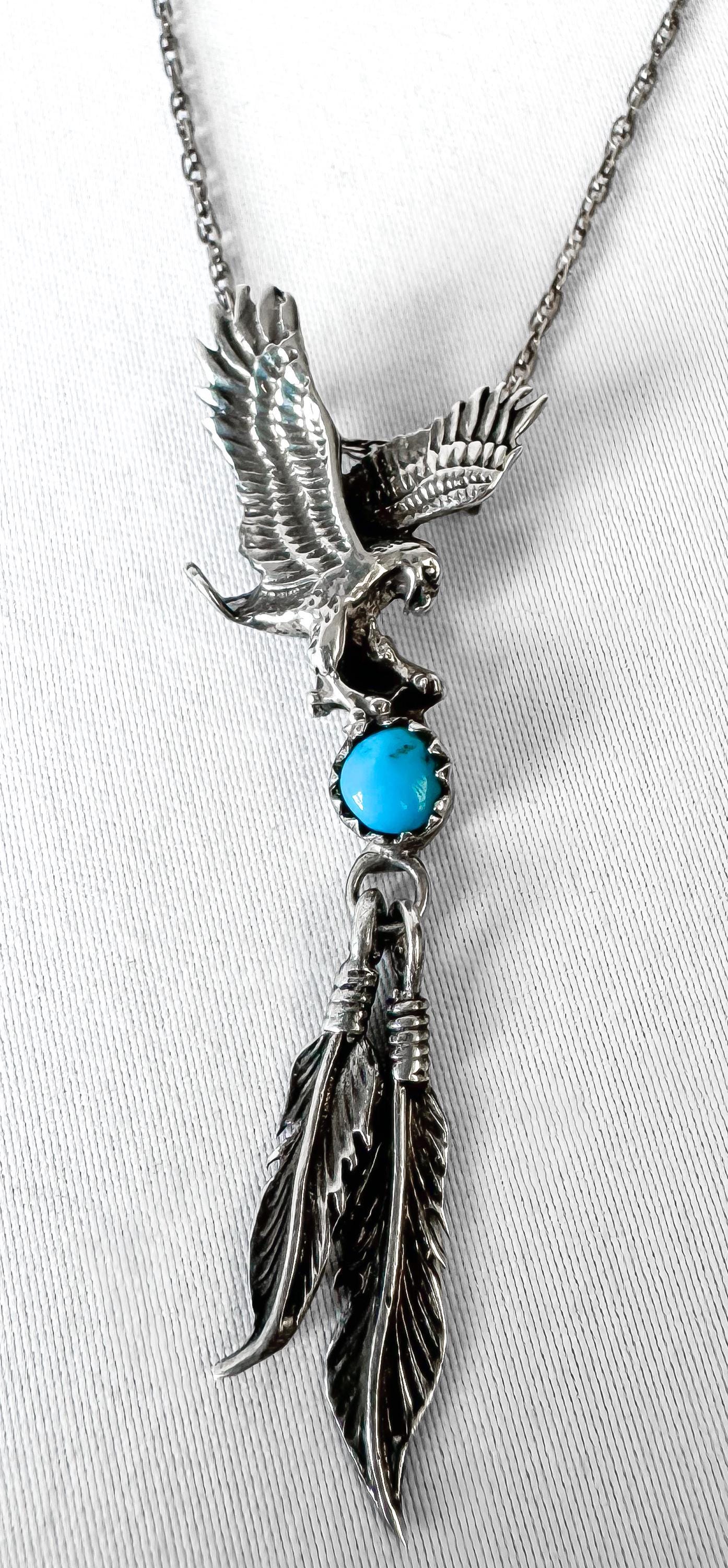 Vintage 925 Sterling Silver Turquoise Soaring Eagle Dangle Feather Pendant Necklace, 19 Inches, Navajo Boho Western Southwest Necklace