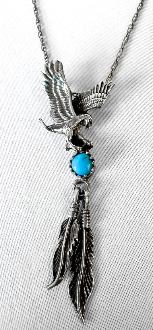 Vintage 925 Sterling Silver Turquoise Soaring Eagle Dangle Feather Pendant Necklace, 19 Inches, Navajo Boho Western Southwest Necklace