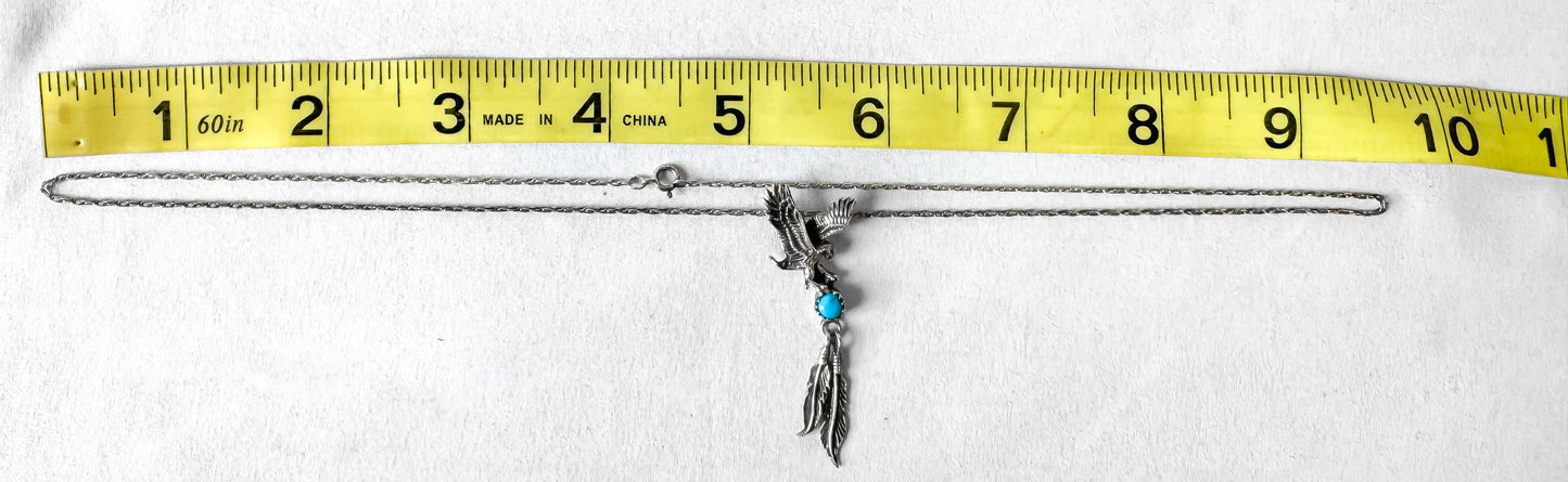 Vintage 925 Sterling Silver Turquoise Soaring Eagle Dangle Feather Pendant Necklace, 19 Inches, Navajo Boho Western Southwest Necklace