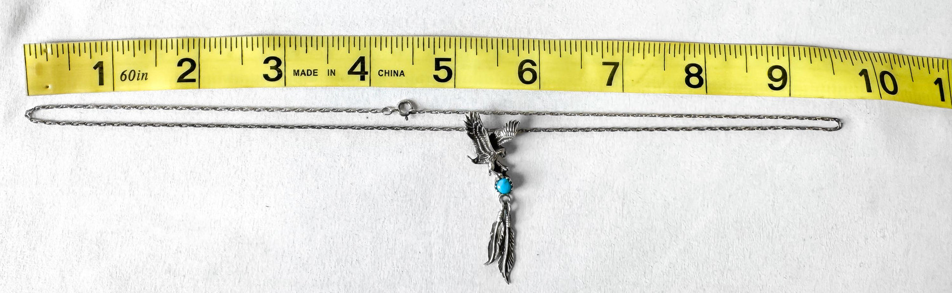 Vintage 925 Sterling Silver Turquoise Soaring Eagle Dangle Feather Pendant Necklace, 19 Inches, Navajo Boho Western Southwest Necklace
