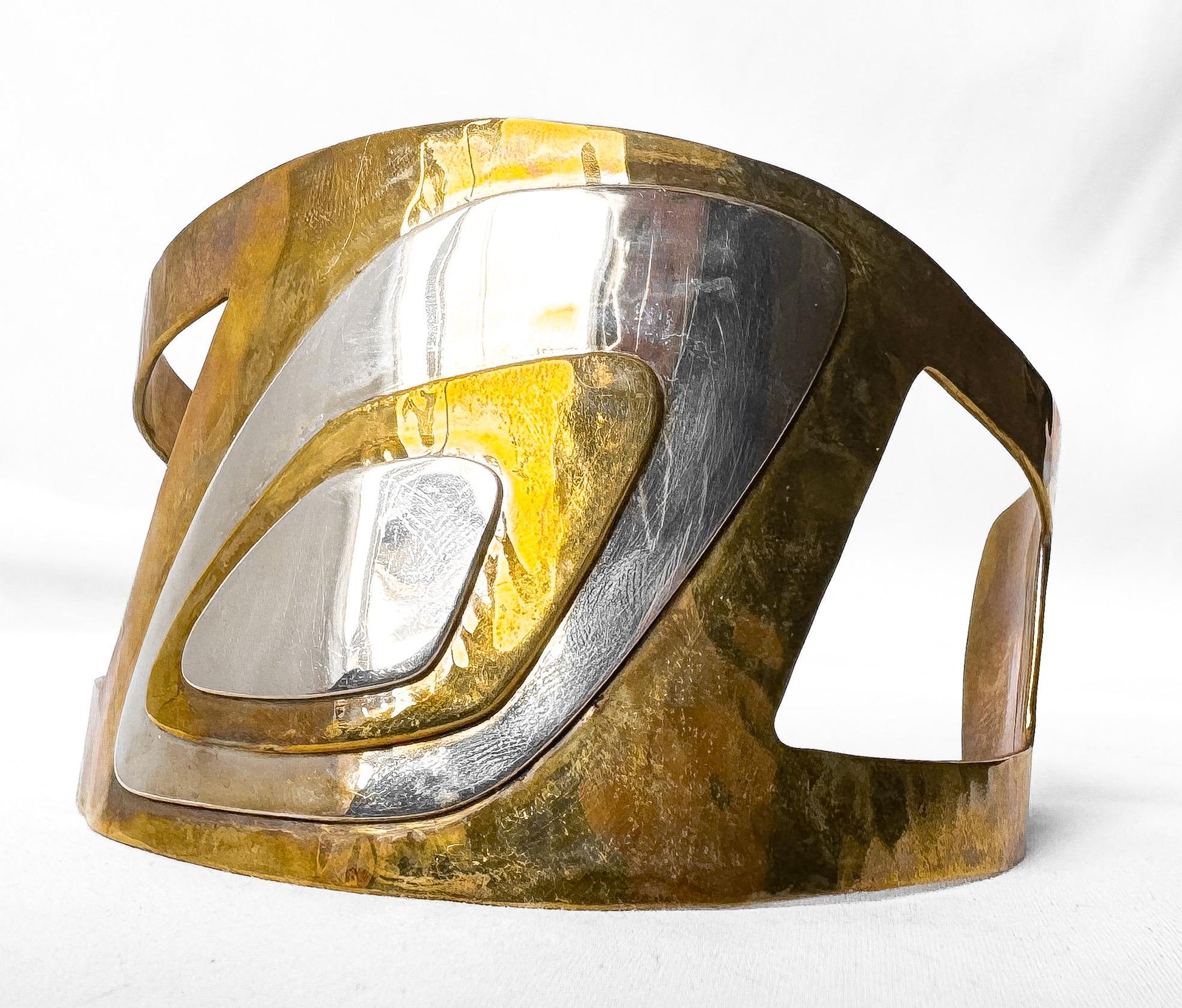 Vintage Robert Lee Morris RLM Studio Brass Sterling Silver Moving Shadows Adjustable Cuff Bracelet, Unique Statement Modernist Bracelet