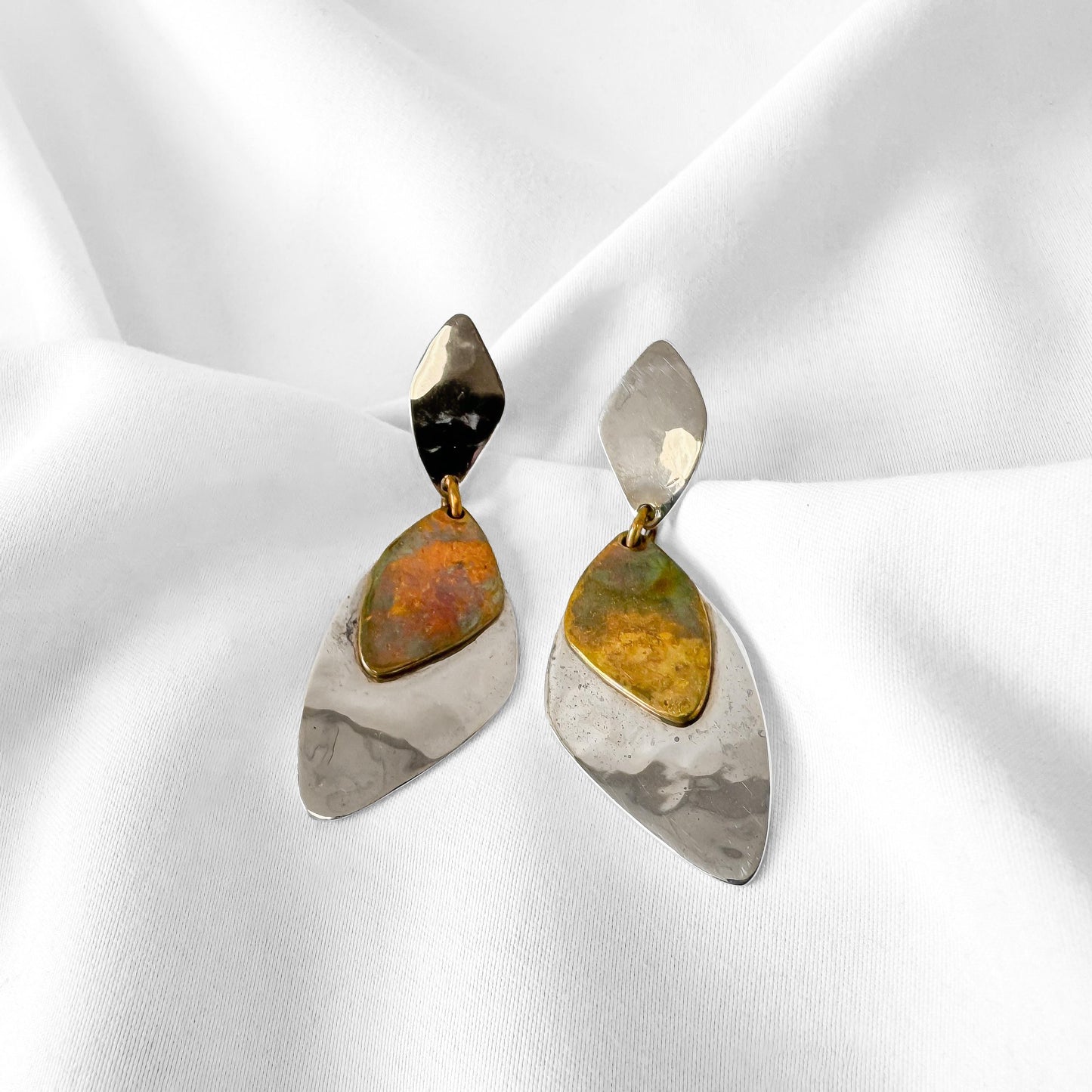 Vintage Robert Lee Morris "Moving Shadows" 925 Brass Mixed Metal Teardrop Dangle Stud Earrings, Unique Statement Modernist Earrings