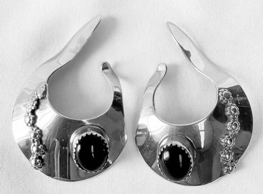 Vintage Lazaro Gutierrez Sterling Onyx Floral Stamped Ear Cuffs, Unique Statement Modernist Style Jewelry
