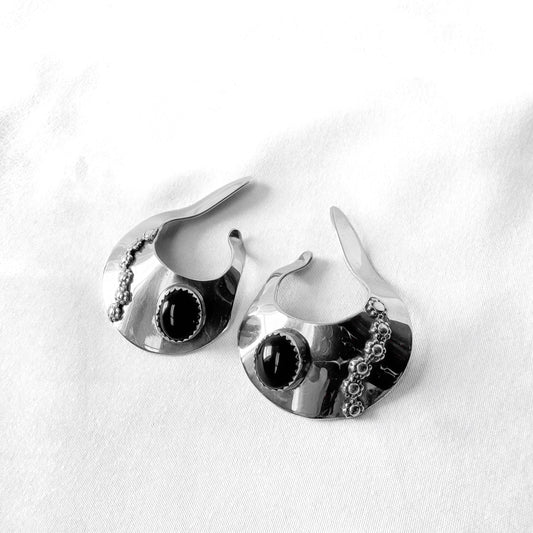 Vintage Lazaro Gutierrez Sterling Onyx Floral Stamped Ear Cuffs, Unique Statement Modernist Style Jewelry