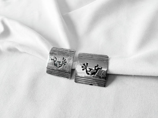 Vintage T. Billy Sterling Silver Kokopelli Square Navajo Stud Earrings