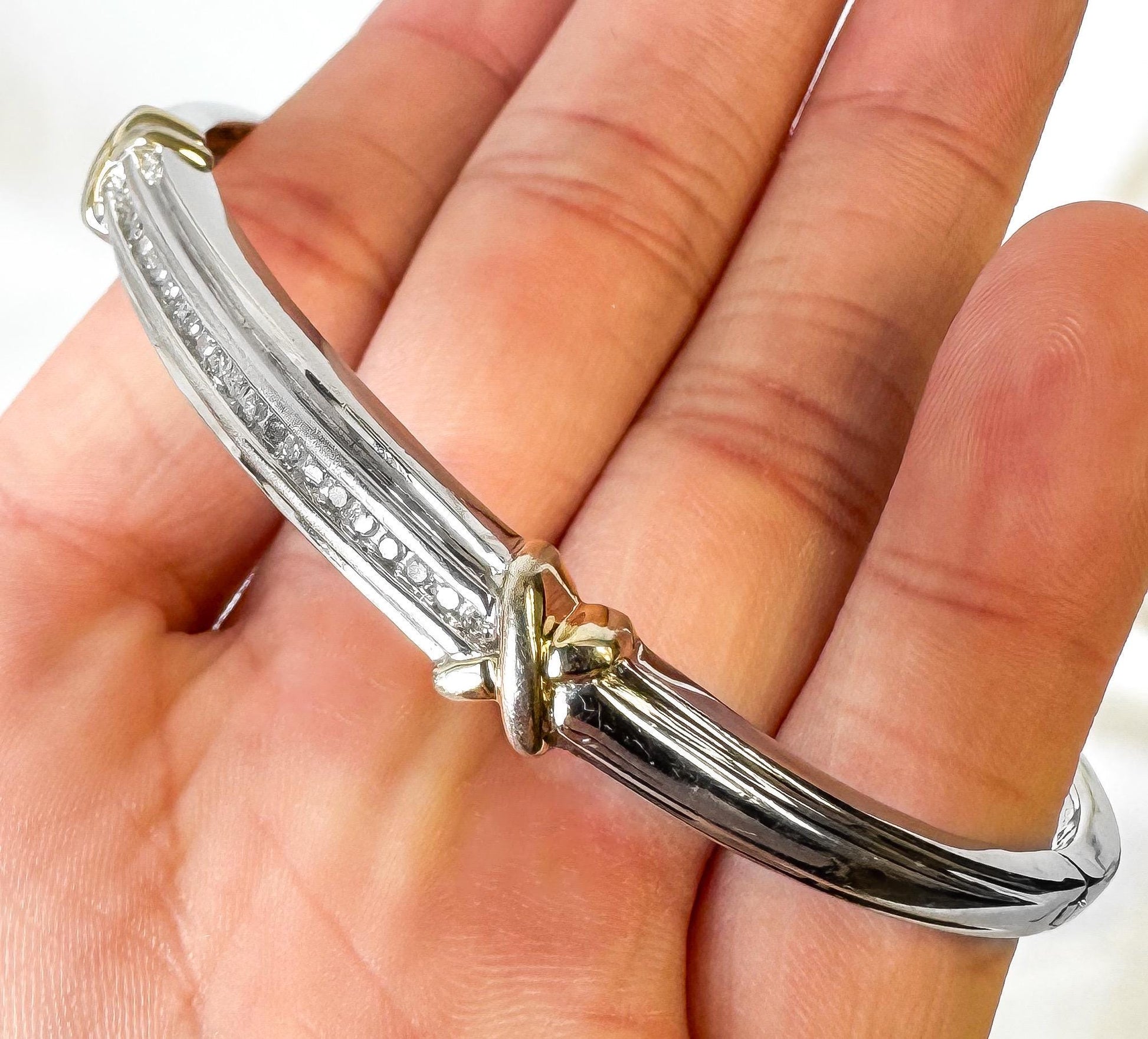 925 Sterling Silver Gold Toned X Diamond Bangle, Simple Everyday Minimalist Bracelet