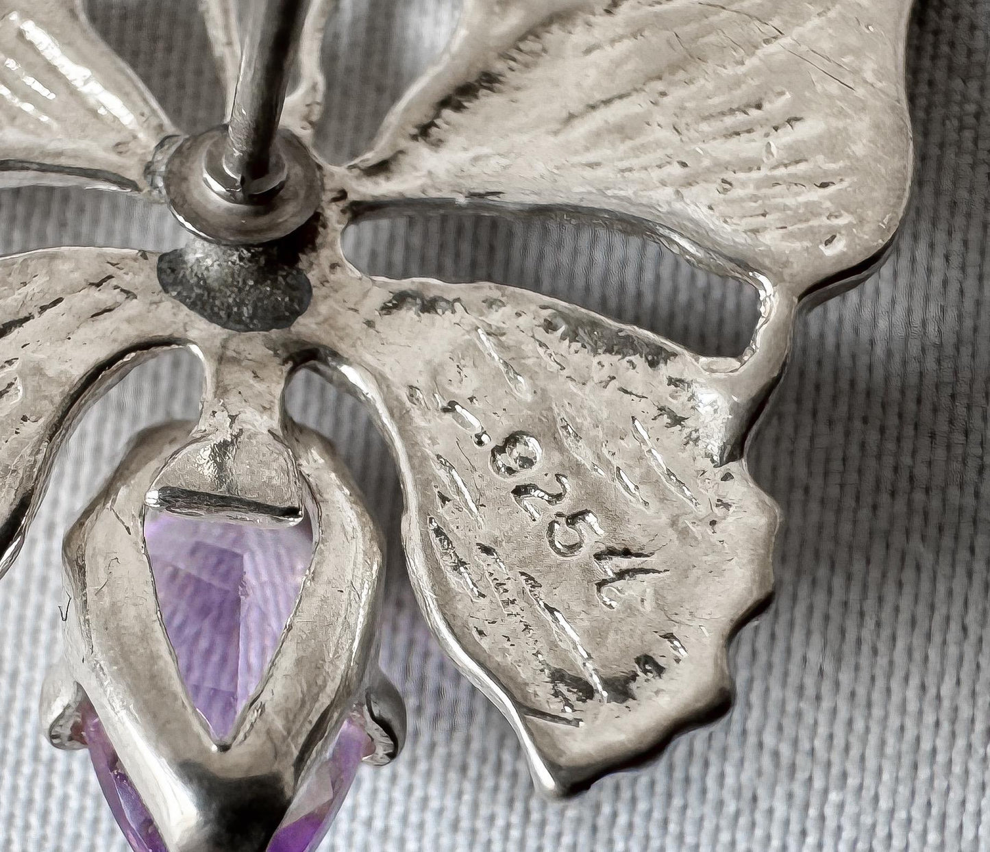 Vintage 925 Sterling Silver Amethyst Butterfly Stud Earrings, Boho Whimsy Brutalist Style Earrings