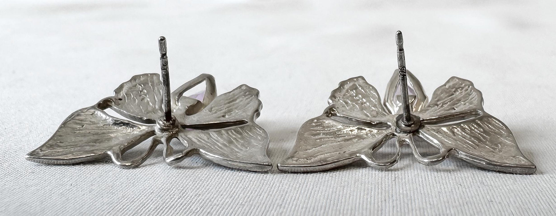 Vintage 925 Sterling Silver Amethyst Butterfly Stud Earrings, Boho Whimsy Brutalist Style Earrings