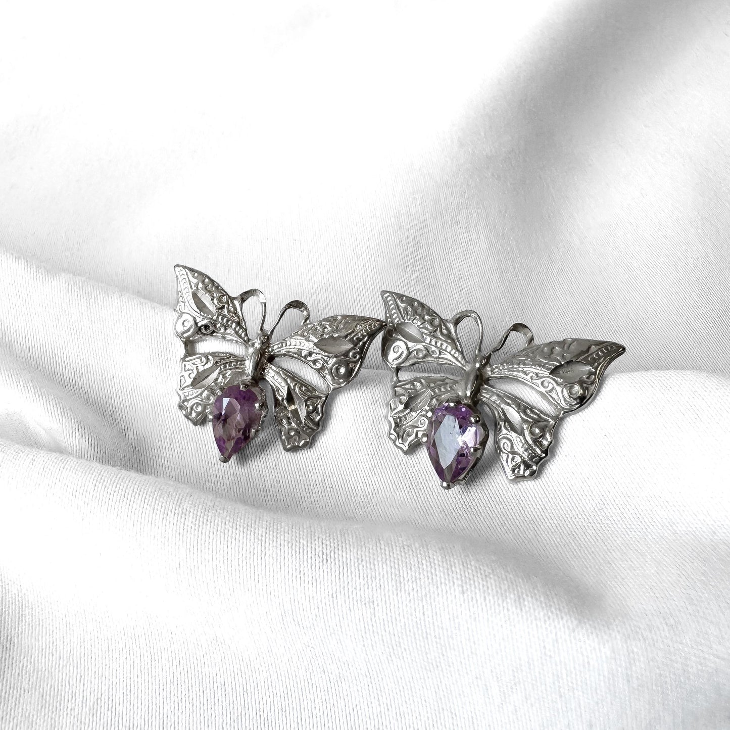 Vintage 925 Sterling Silver Amethyst Butterfly Stud Earrings, Boho Whimsy Brutalist Style Earrings