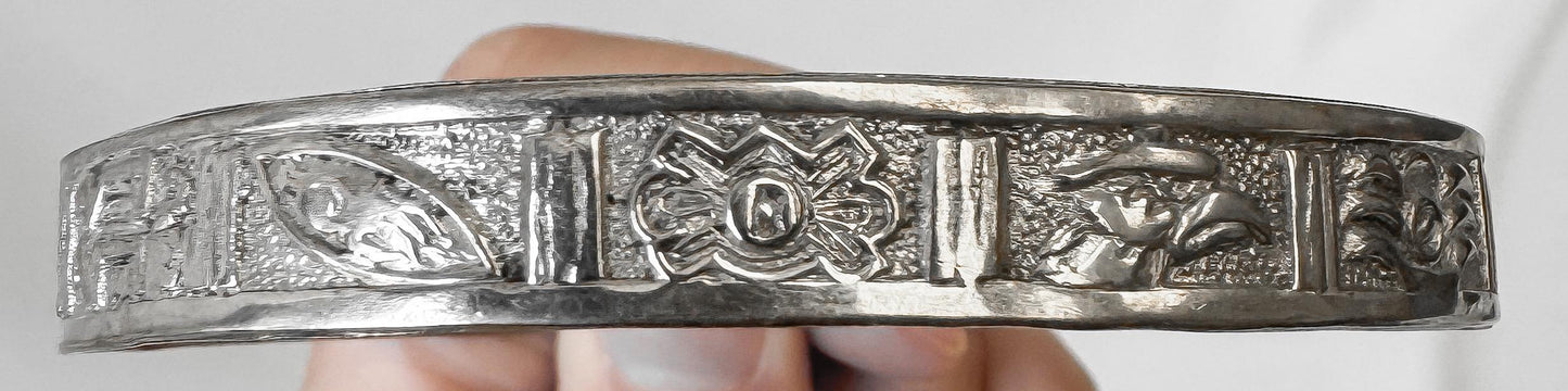Vintage 925 Sterling Silver Taxco Mexico Animal Aztec Style Stamped 9 Inch Bangle Bracelet, Unisex Western Navajo Southwest Boho Bracelet