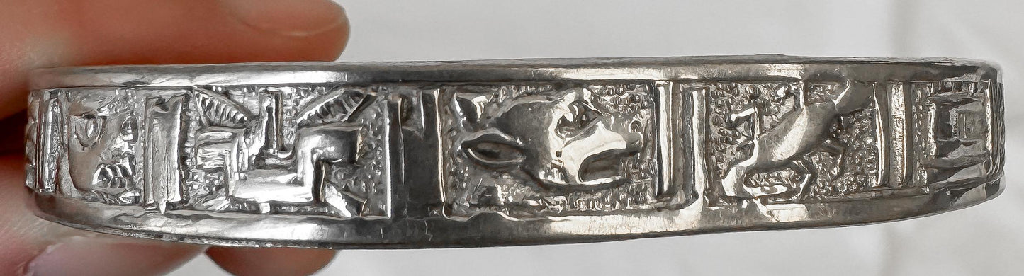 Vintage 925 Sterling Silver Taxco Mexico Animal Aztec Style Stamped 9 Inch Bangle Bracelet, Unisex Western Navajo Southwest Boho Bracelet