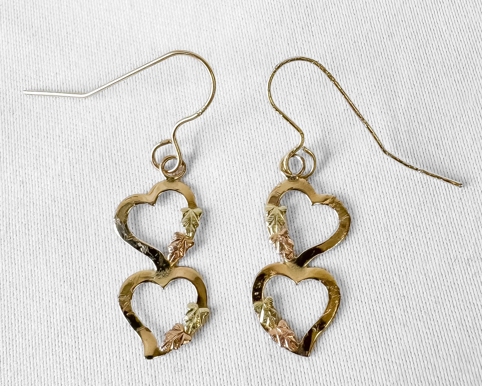 Vintage 10K CCO Black Hills Gold Double Heart Leaf Dangle Earrings
