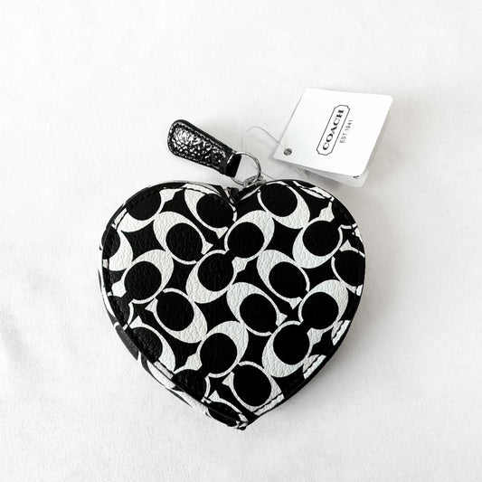 NWT Modern Coach Signature Black and White Heart Coin Purse