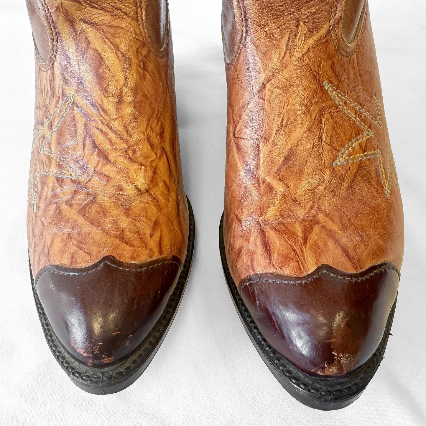 Vintage Texas Boot Co Two Toned Brown Leather Cowboy Boots, Approx. Women's Sz. 6M, Unique Festival Western Country Cowgirl Boots