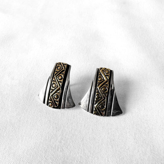Vintage Mark Jimenez 14K Gold 925 Sterling Silver Abstract Geometric Stud Earrings, Unique Western Navajo Boho Earrings