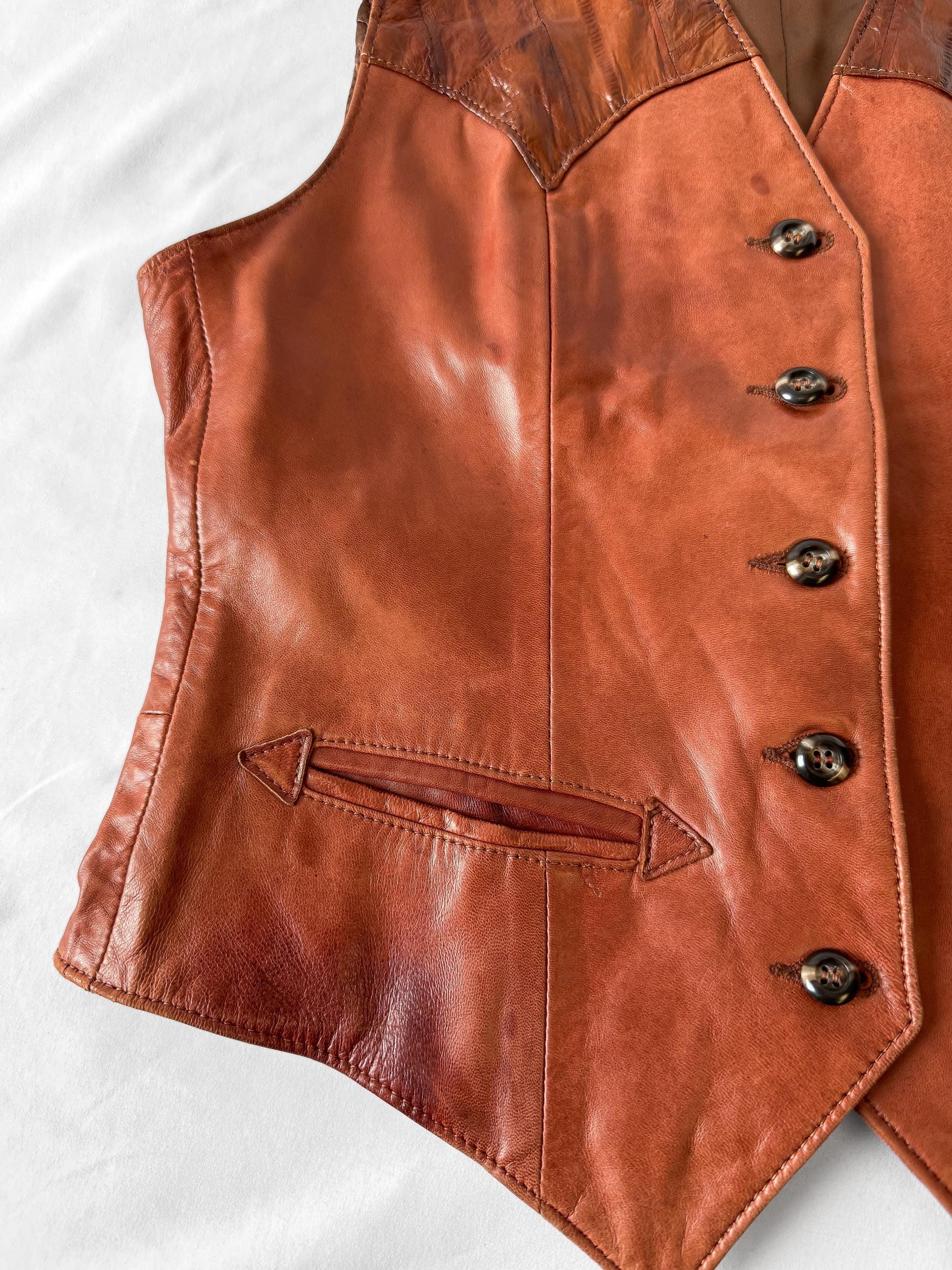 Vintage 70s Kenny Rogers Cognac Brown Lambskin Unisex Leather Vest, Approx. Men's Sz. S/M