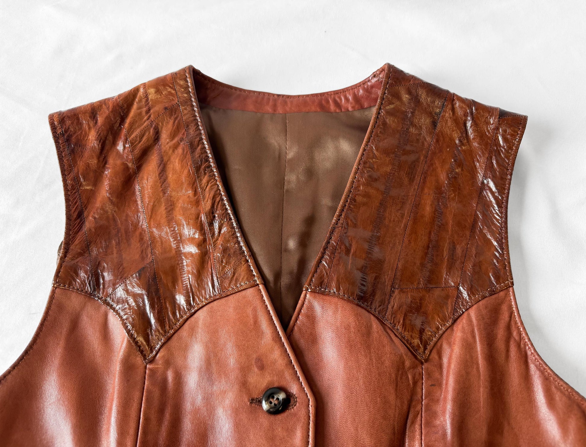 Vintage 70s Kenny Rogers Cognac Brown Lambskin Unisex Leather Vest, Approx. Men's Sz. S/M