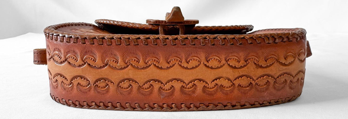 Vintage Handcrafted Cognac Brown Scalloped Floral Tooled Leather Top Handle Mini Bag, Unique Western Boho Handbag