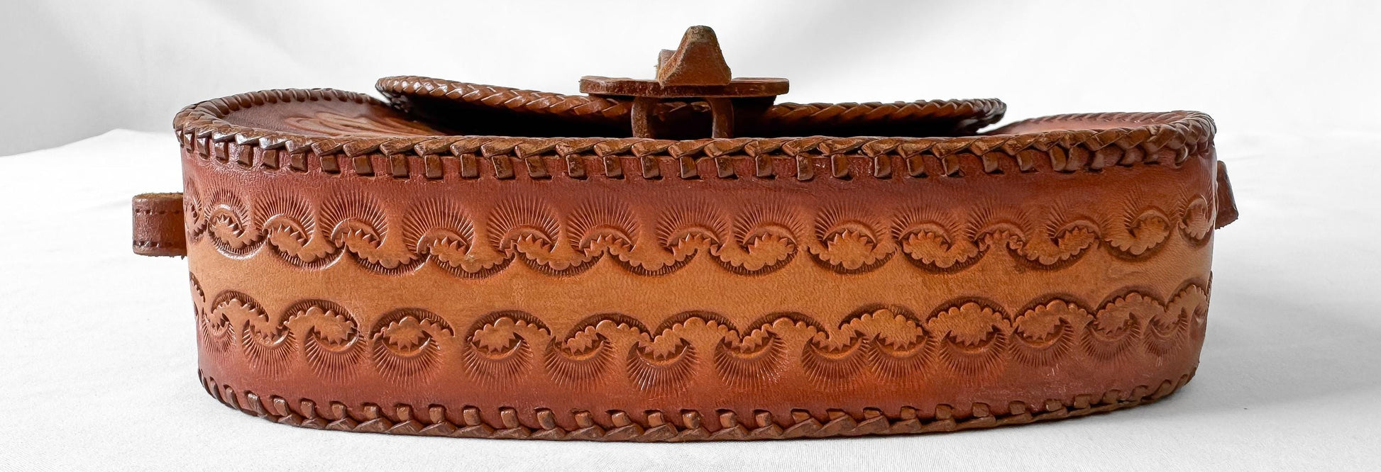Vintage Handcrafted Cognac Brown Scalloped Floral Tooled Leather Top Handle Mini Bag, Unique Western Boho Handbag