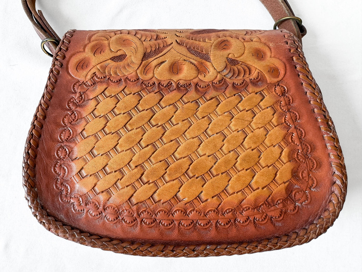 Vintage Handcrafted Cognac Brown Scalloped Floral Tooled Leather Top Handle Mini Bag, Unique Western Boho Handbag