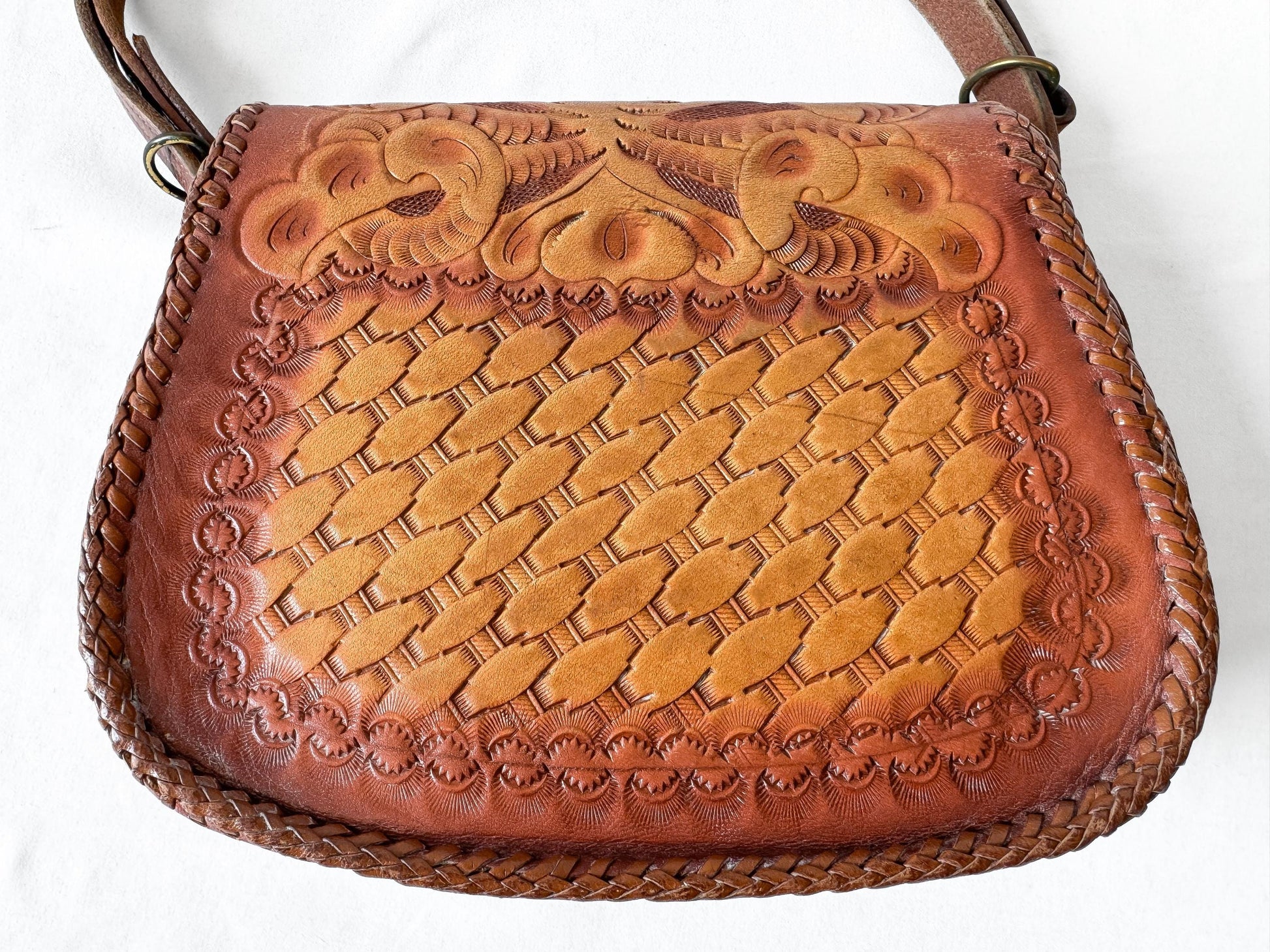Vintage Handcrafted Cognac Brown Scalloped Floral Tooled Leather Top Handle Mini Bag, Unique Western Boho Handbag