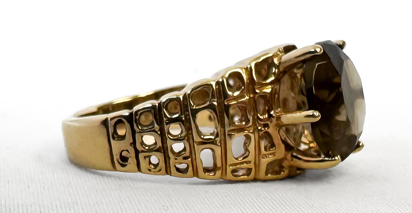 Vintage 10K Dason Yellow Gold Smokey Topaz Lattice Edge Ring, Sz. 5.25/5.5, Vintage Statement Brutalist Art Deco Cocktail Ring